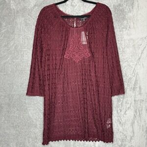 Susan Betro 1X Shirt Top Maroon Red Paisley 3/4 Sleeve Scoop Neck Lace Sheer